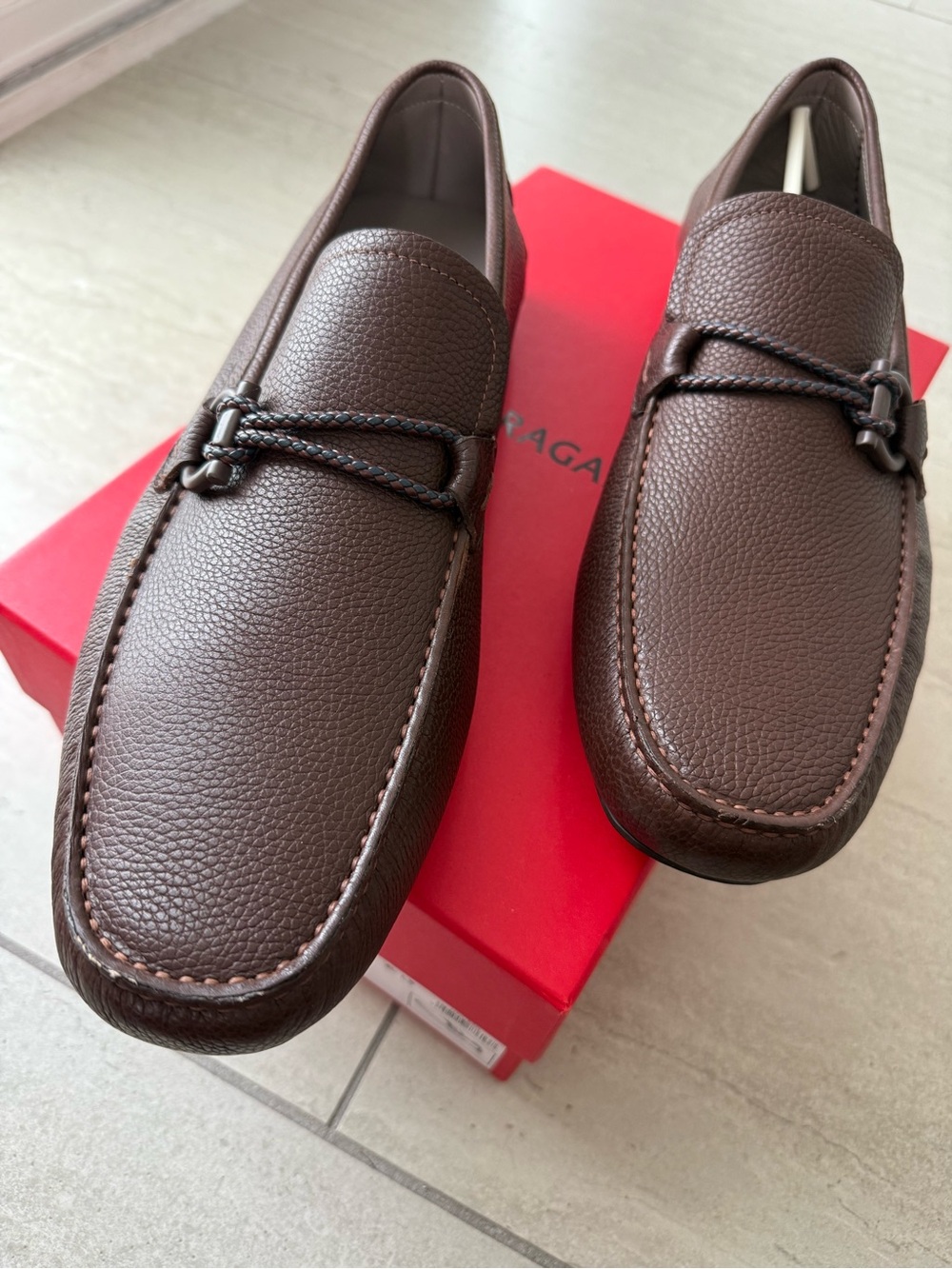 Salvatore Ferragamo Gancini Driver in Chocolate Brown Pebbled Leather